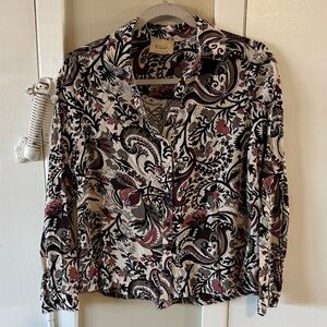 Elie Tahari Cream Paisley Button-Down Shirt with Burgundy and Black Accents